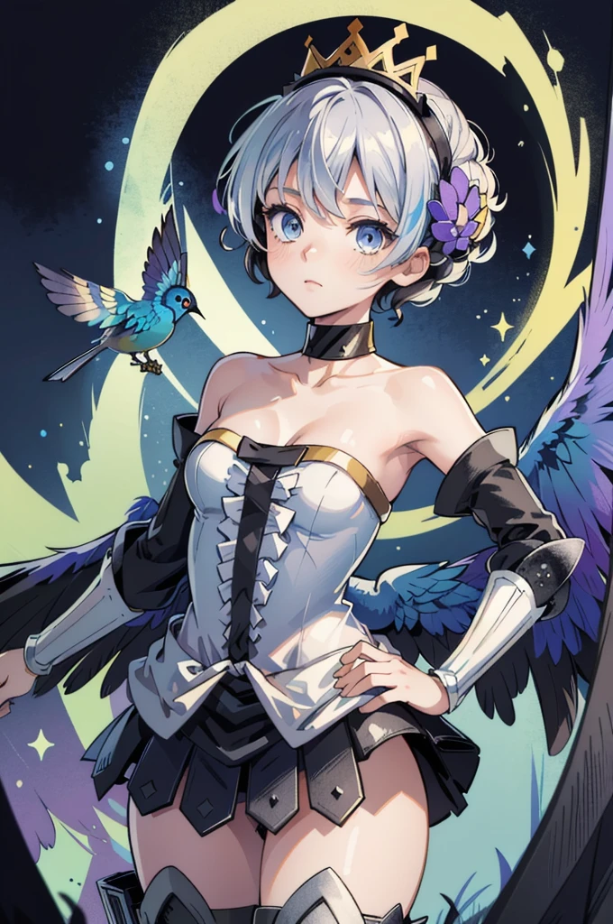 ( masterpiece, Highest quality, High resolution:1.3)
Odin Sphere Gwendolyn, One girl, alone, Knee socks, dress, Bare shoulders, arms, Removable sleeves, wing, choker, armor, Strapless, bird, Crown, Extremely skilled, Strapless dress, gun, armored dress, multiple wing, multicolored wing in the darkness, Bright Star, atmosphere