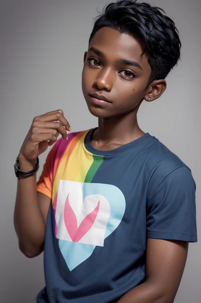 I would like to create a dark-skinned boy who has short colored hair and a LGBT shirt+