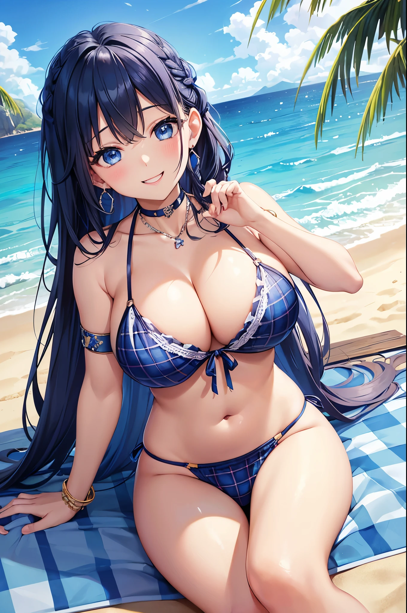 Highest quality、Highest quality、masterpiece、(8K),beauty(Age 25)、Navy blue long hair(Braiding of the sides)、blue eyes、Sexy Bikini(Plaid)、Big cleavage、(Big Breasts)、smile、blue necklace、Blue Earrings、background(Beach)、Please open your mouth wide、bracelet、Arch Pose、Blue choker