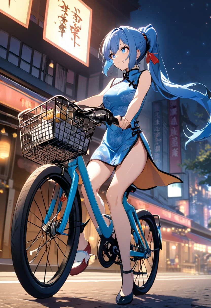 1girl, ponytail, blue hair, blue eyes, china dress, night view, rides a bicycle,
