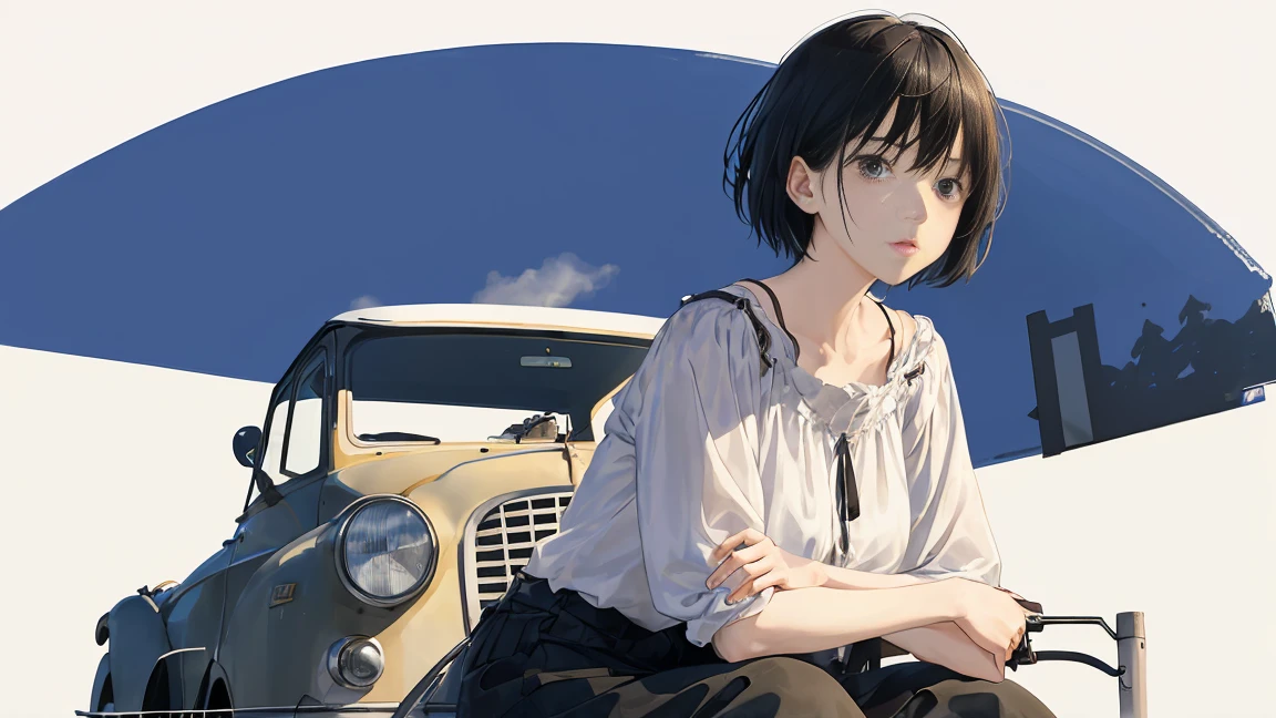 girl、My face is hazy、blouse、Holding a gun、Curved road sign、Black Hair、short hair、Look down、Sit on top of the car、sitting cross-legged、Watercolor、Looking into the distance、Stylish illustrations、One person