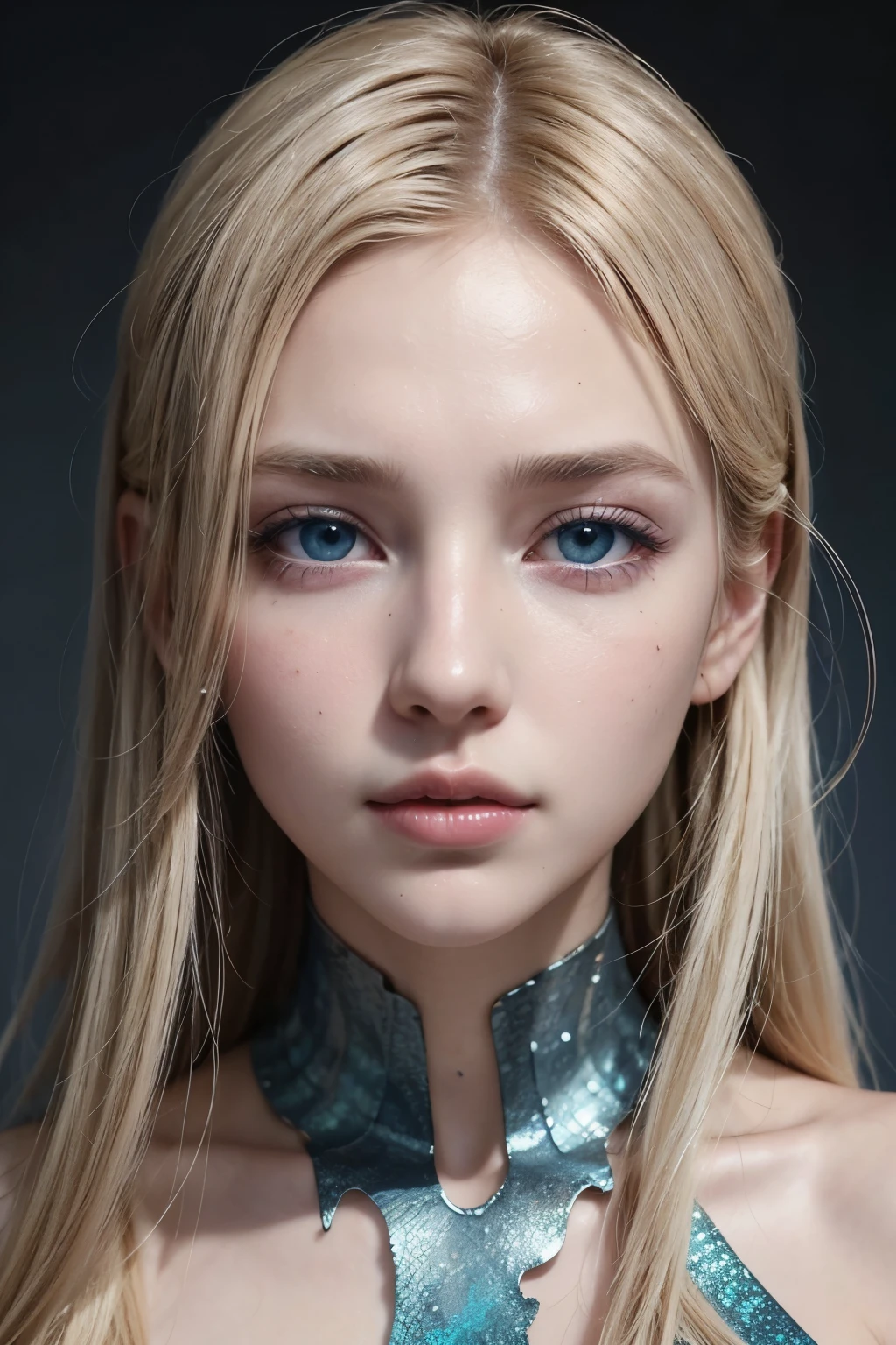 Beautiful supermodel woman with blonde hair, a strand of hair with a slight highlight, grey-blue eyes, mixed medium, paint does not dry, jewel beetle, coloured background, liquid color flowing on your face, photographed by Jingna Chang. --at 6