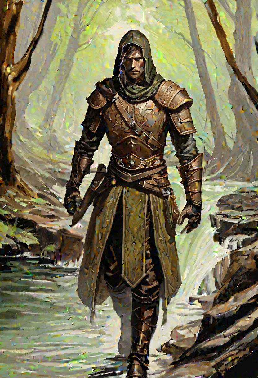 pencil draw, pictorial \(styled\), male rogue from the Elder Scrolls series, trunk, 1920x1080, short dark hair, golden eye, Light green skin, brown leather armor, without shoulder pad, Dynamic shading, expressive brushstrokes, oil on canvas, extremely detaild, light and dark colors , full body image, near river in a forest,