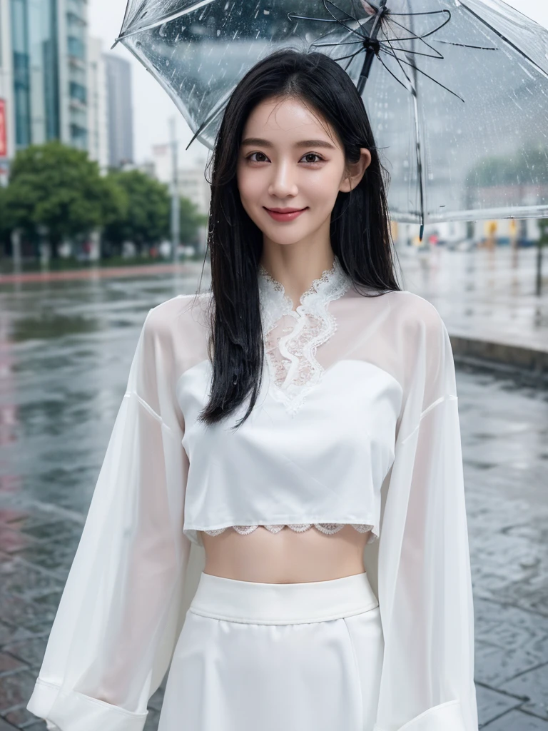 ((best quality, 8K, masterpiece: 1.3)),upper body,Black Hair, black eye,sharp focus: 1.2, beautiful woman: 1.4, ((medium hair: 1.2)), (small and beautiful hard (White long sleeve blouse with lace、Silk darkmagenta long skirt), (wet from rain: 1.3), (rain, street: 1.2), wet body: 1.2, Highly detailed face and skin texture, detailed eyes, double eyelids, White skin,E cup,smile,Financial district of the big city,Skyscraper,White skin,Wet Hair、Wet Skin、Wet clothes、smile、