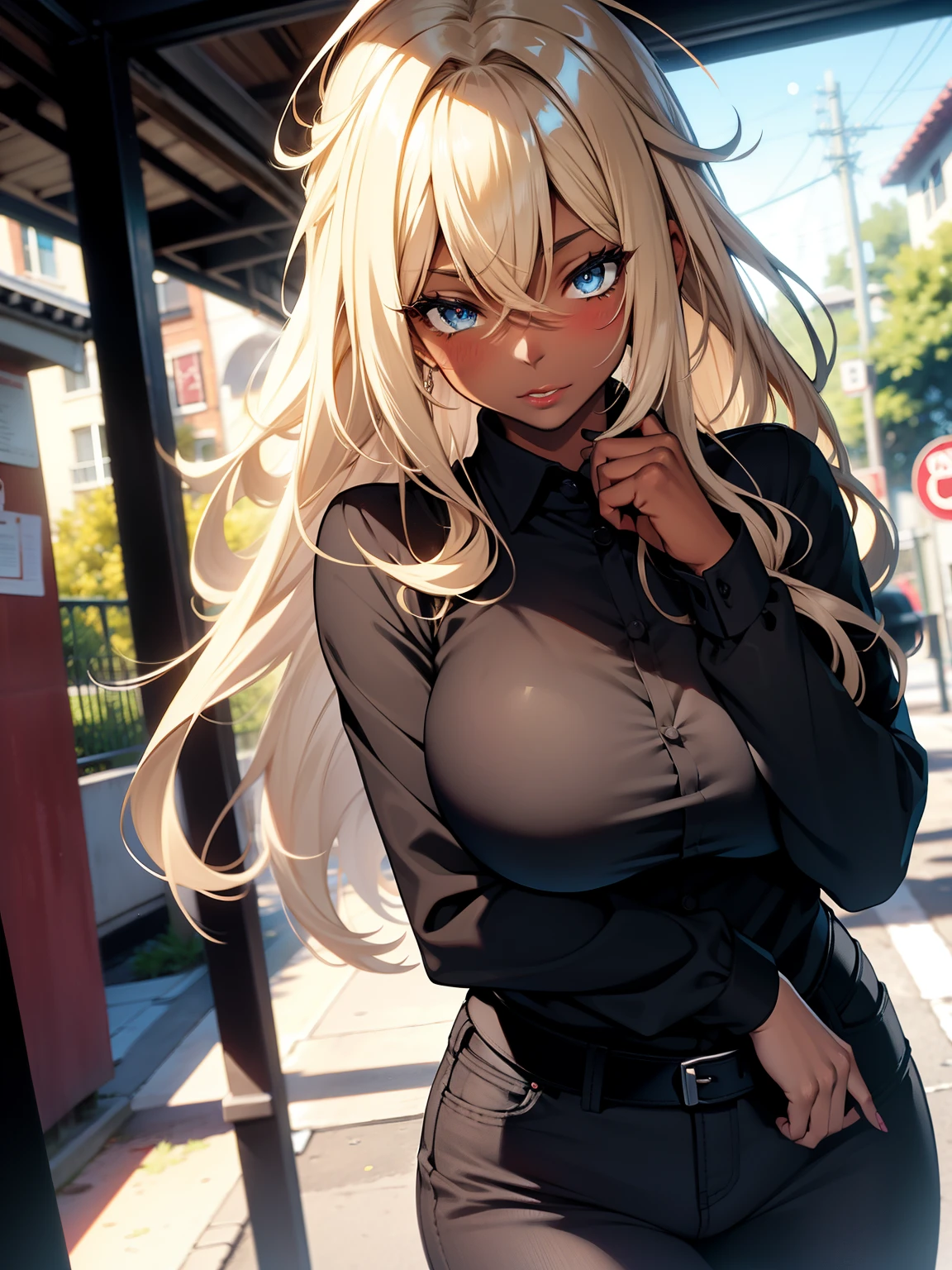 1girl, blonde hair, messy hair, black shirt, black pants, red lipstick, lipstick, outdoors, blue eyes, blush, blushing, natural lighting, tan, tanned, dark skin, very dark skin, big breasts