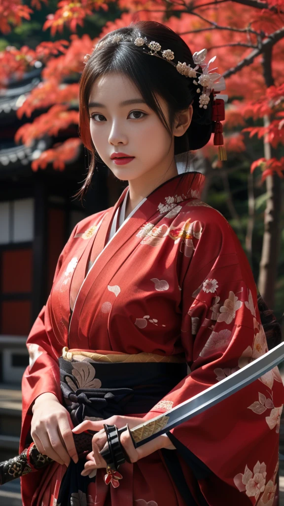 arafed asian woman in Red kimono with sword in front of red tree, Red kimono, Maid, Red kimono with flower patterns, Hanfu, Japanese Kimono, elegant Japanese women, Japanese women, palace , a girl in Hanfu, wear Kimono, Traditional Japanese, Traditional geisha costume, Japanese style, wear Kimono, Intricate Geisha Kimono