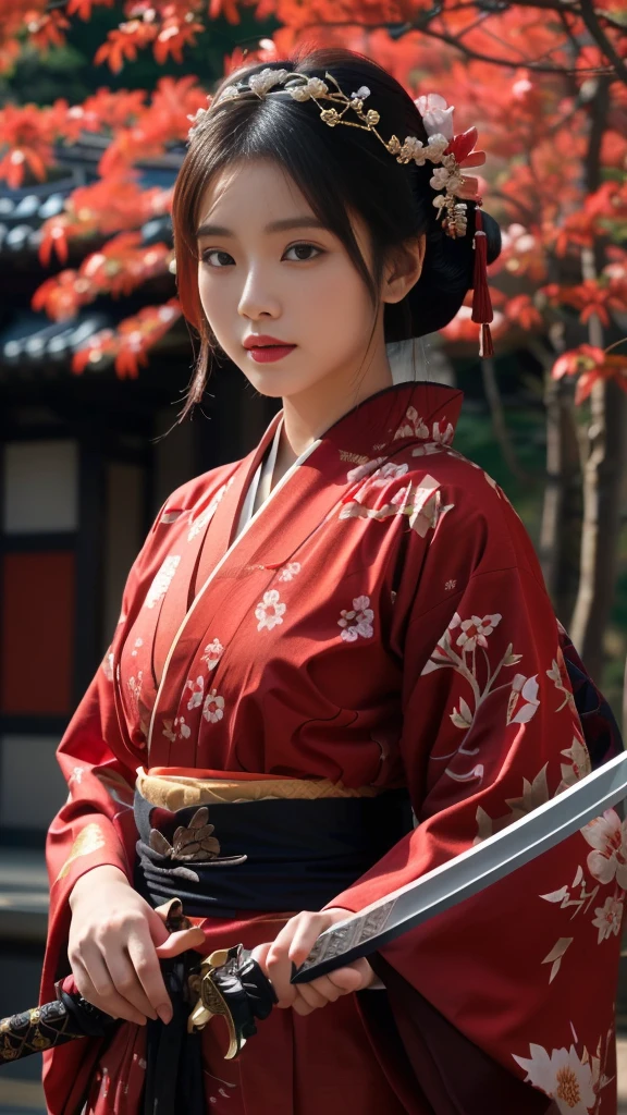 arafed asian woman in Red kimono with sword in front of red tree, Red kimono, Maid, Red kimono with flower patterns, Hanfu, Japanese Kimono, elegant Japanese women, Japanese women, palace , a girl in Hanfu, wear Kimono, Traditional Japanese, Traditional geisha costume, Japanese style, wear Kimono, Intricate Geisha Kimono