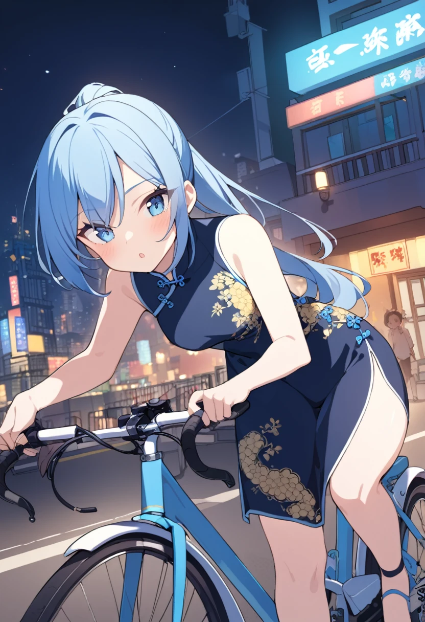 1girl, ponytail, blue hair, blue eyes, china dress, night view, rides a bicycle,
