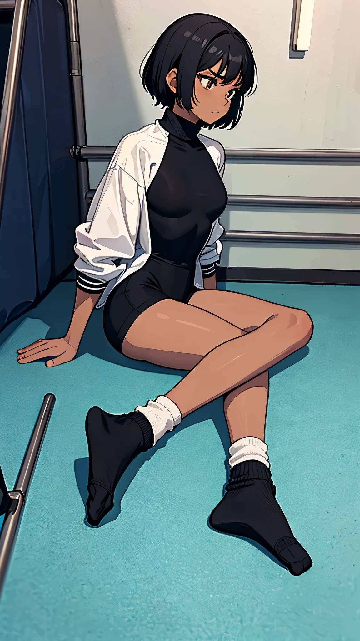 (From above2.0,from side),Inside the sports gym,inside the dance studio,One  girl,dark skin color,short black hair,displeased,sulky,high-neck-leotard,((loose socks)),((loose socks)),bodysuit,sitting on the ground,spread legs,feet together.