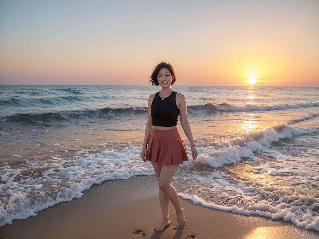 sunset red sun on the beach,A strong lingering scent is reflected in the sea., Beautiful 36-year-old short Korean woman, Chest size 34 inches, Wear sleeveless, light skirt. beautiful pretty woman look , wearing a light skirt , Go far into the sea water and dip your toes., Short medium hair blowing in the wind, 1 short woman, beautiful eyes, a little smile, Full-body photo taken from afar with a wide-angle lens, The background is clean and perfect., waves moved by the wind