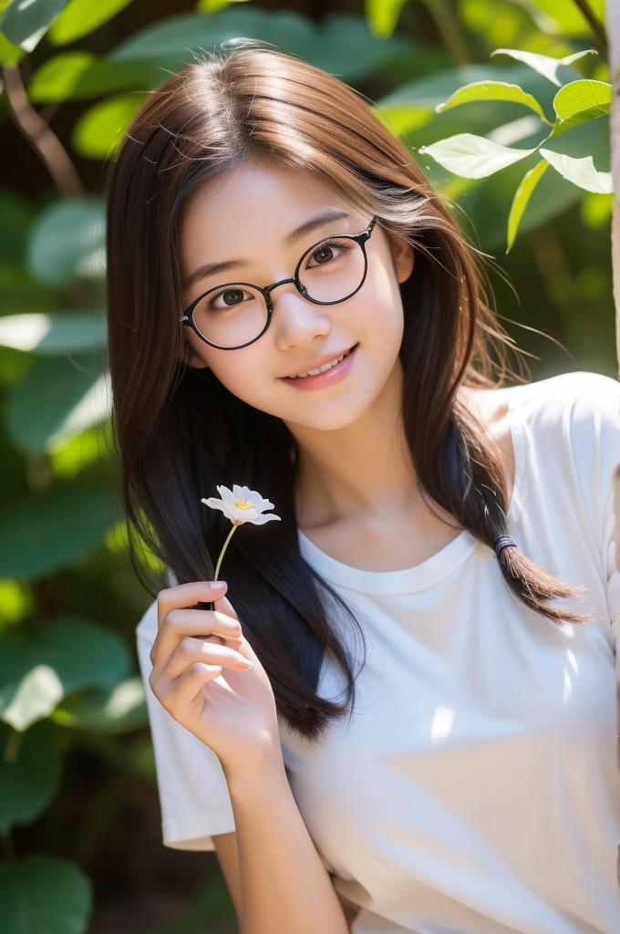 masterpiece, best quality, High school student,15 years old,Round glasses,Holding a flower in hand,youth,Light shirt,Thin stature,White background,happy,Smile,Smile,Hair accessories,Light,Sunlight,Lighting,Light and Shadow,(Extremely detailed CG unity 8k wallpaper), (best quality), (Best Illustration Award), (The best shadow), absurd, Realistic lighting, (abyss), Beautiful and delicate light, Leng Jun