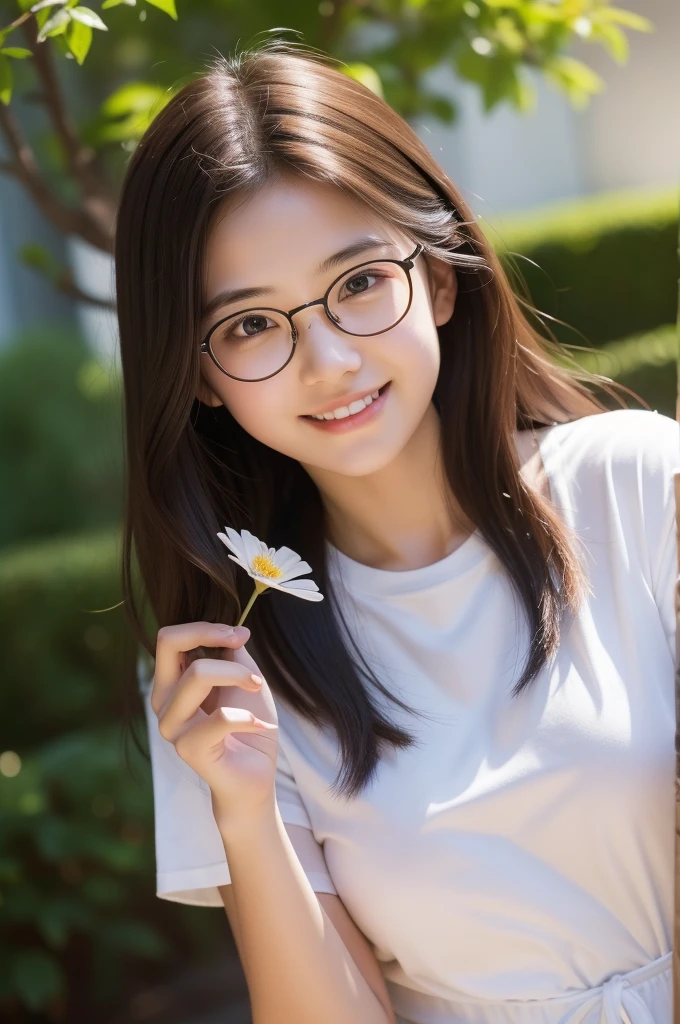 masterpiece, best quality, High school student,15 years old,Round glasses,Holding a flower in hand,youth,Light shirt,Thin stature,White background,happy,Smile,Smile,Hair accessories,Light,Sunlight,Lighting,Light and Shadow,(Extremely detailed CG unity 8k wallpaper), (best quality), (Best Illustration Award), (The best shadow), absurd, Realistic lighting, (abyss), Beautiful and delicate light, Leng Jun
