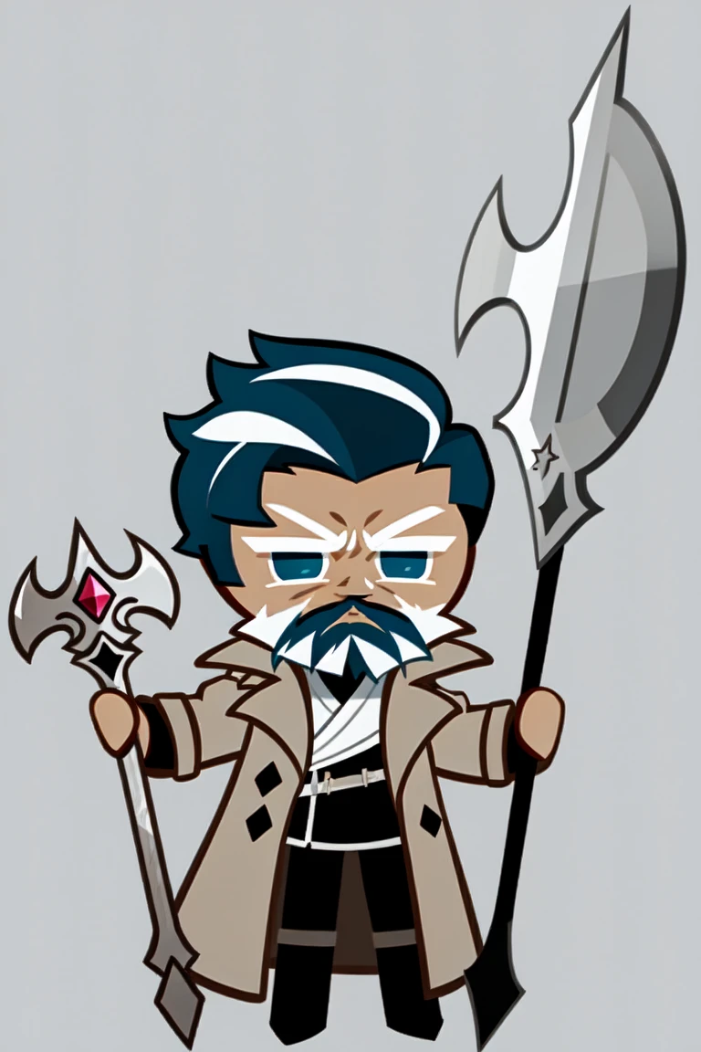 best quality, illustration, 1boy, ethereal, powerful, god-like, stubble beard, short blue hair, blue eye, white streaks on hair, black trench coat, battleaxe, white background, simple background, cookierun, solo, chibi, full body, 