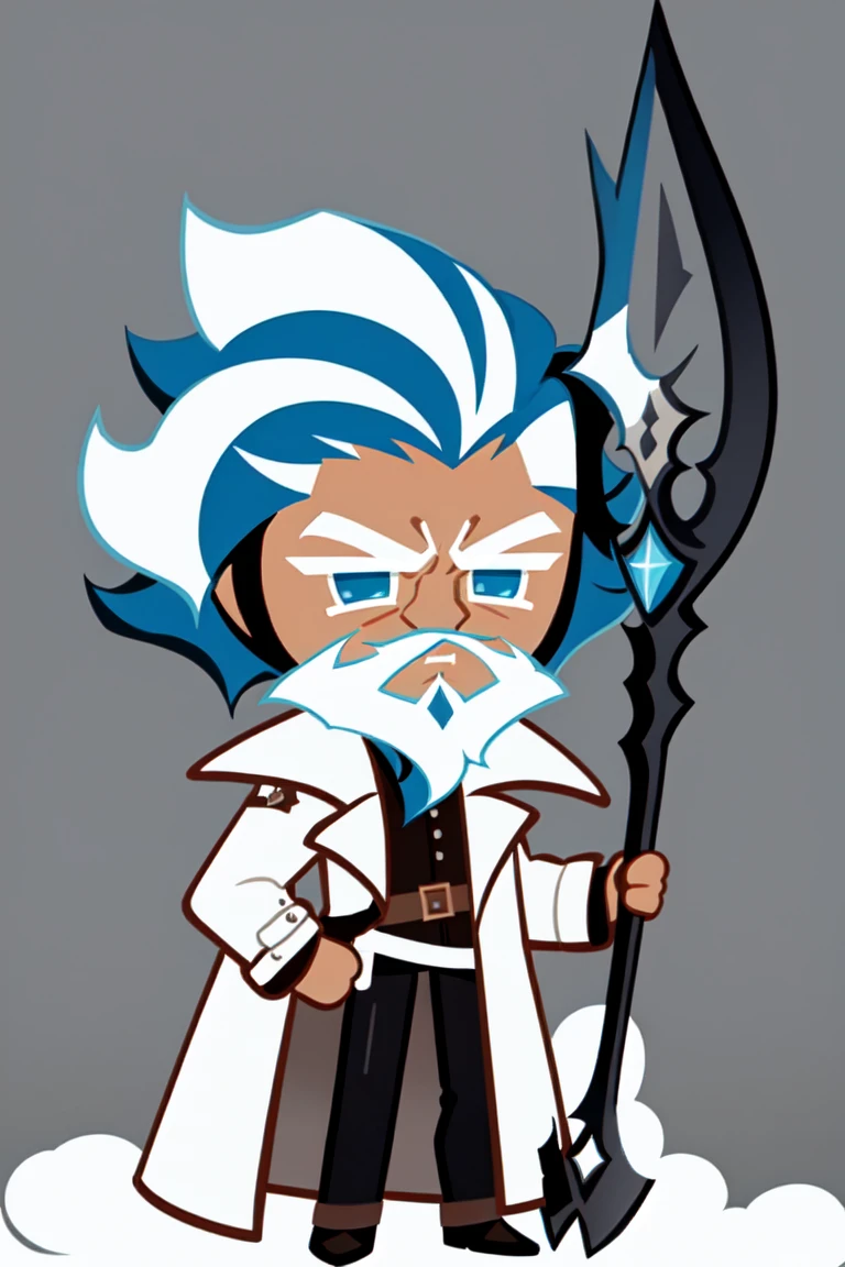 best quality, illustration, 1boy, ethereal, powerful, god-like, stubble beard, short blue hair, blue eye, white streaks on hair, black trench coat, battleaxe, white background, simple background, cookierun, solo, chibi, full body, 