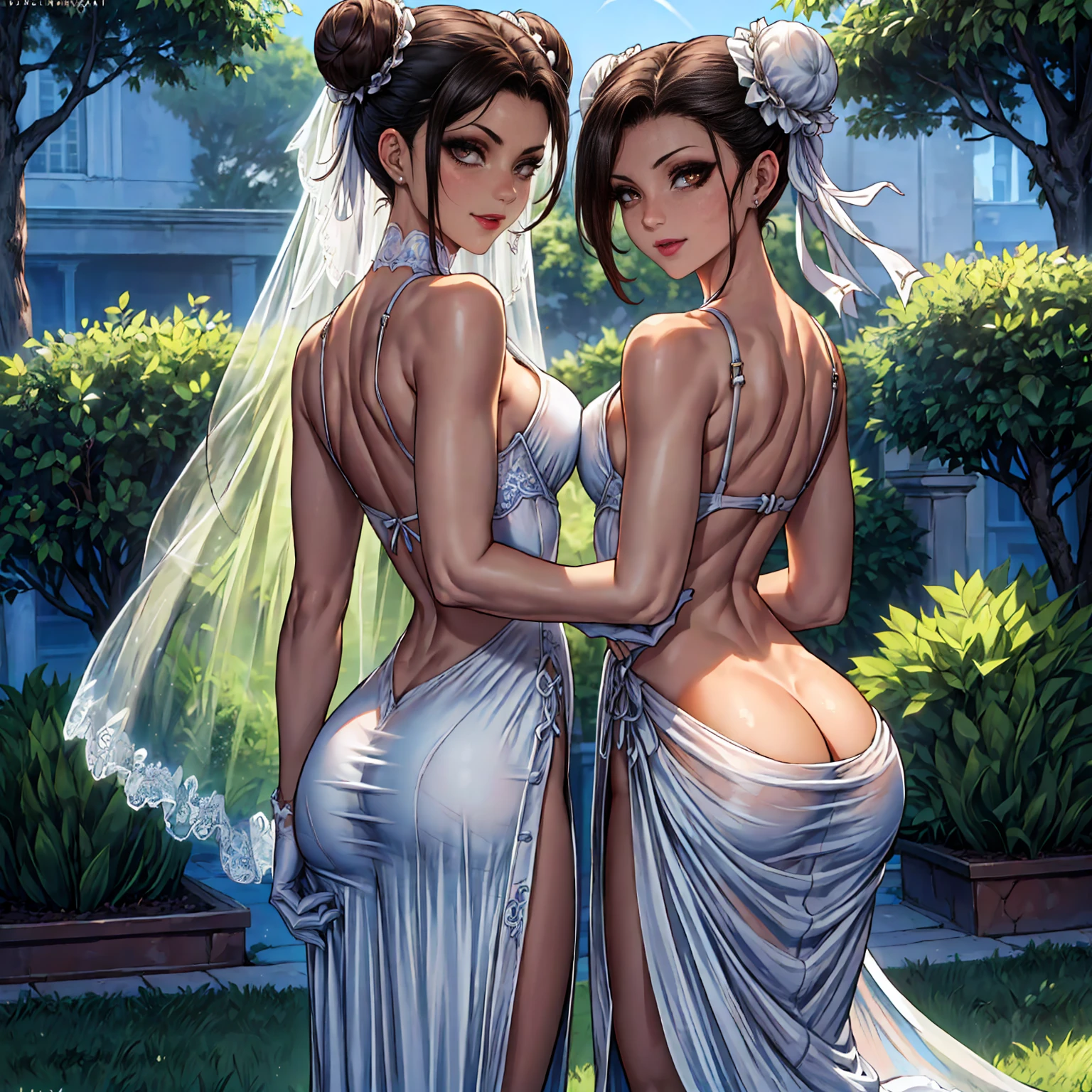 ChunLi, ((black hair, double bun, glowing brown eyes, red eyeshadow, lipstick, makeup, narrow waist, skinny, medium breasts, alone)), pelvic curtain, ((white and blue dress,wedding dress, Scooped up the ass, gloves)), full body, perfect body, (insanely detailed, beautiful detailed face, masterpiece, best quality) , (((solo))), (((1girl))), (((mature))), (extremely detailed 8k paper CG wall unit: 1.1), (wedding, garden, dusk), (smile face for the viewer), big ass, from back, behind