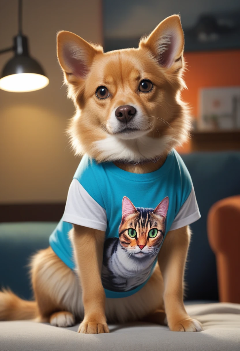 a human dog wearing a t-shirt with a cat design, extremely detailed, 1 dog, dog wearing a t-shirt, cat design on t-shirt, text on t-shirt saying "I am a cat person", realistic, highly detailed, 8k, photorealistic, studio lighting, vibrant colors, sharp focus, masterpiece