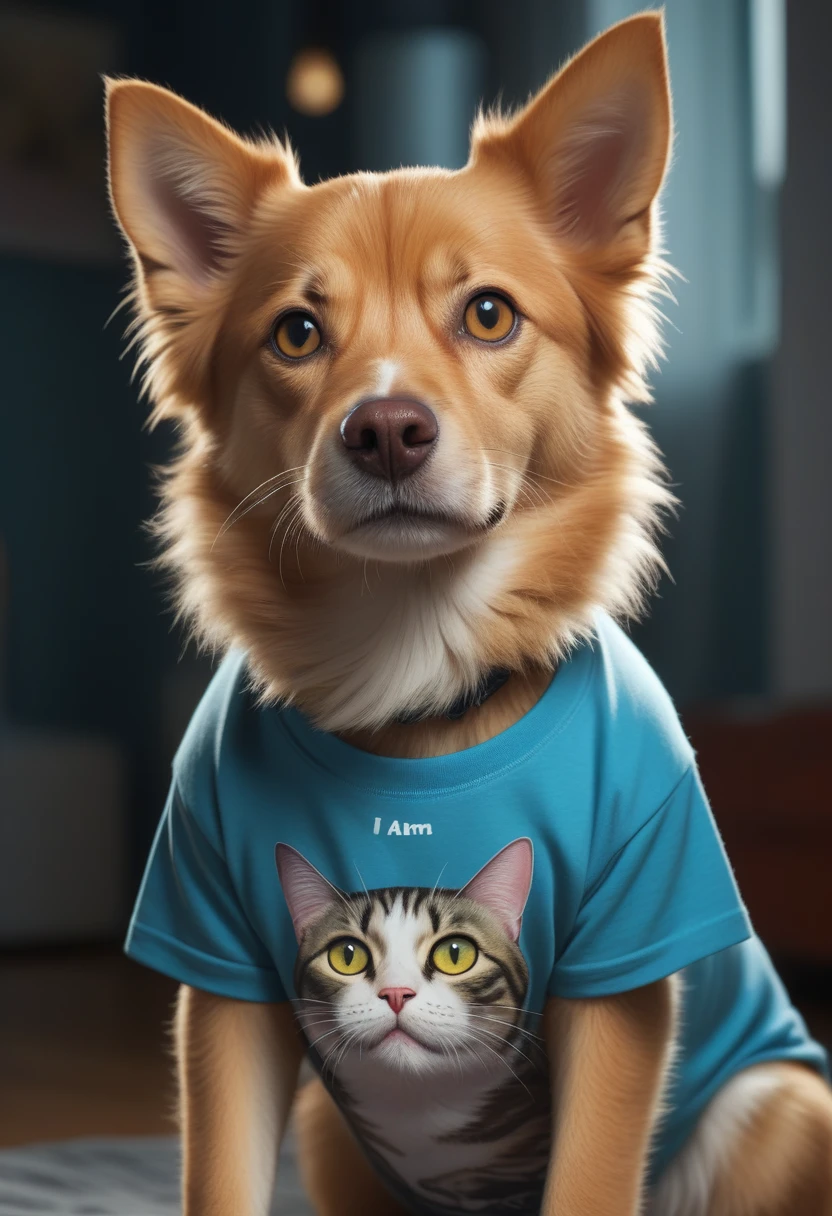 a human dog wearing a t-shirt with a cat design, extremely detailed, 1 dog, dog wearing a t-shirt, cat design on t-shirt, text on t-shirt saying "I am a cat person", realistic, highly detailed, 8k, photorealistic, studio lighting, vibrant colors, sharp focus, masterpiece