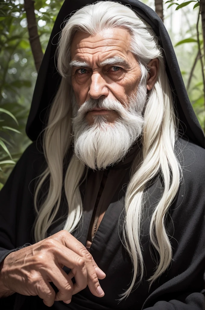 Create an image of a mysterious narrator named Velho Sebastião. He is an elderly man with shaggy white hair and a long white beard.. His eyes are deep brown and carry ancient wisdom.. He wears simple clothes, but wears a worn black cloak that gives him an enigmatic air.. Your hands are wrinkled and calloused, with slender fingers that gesture slowly while telling stories. He must be sitting next to a fire, in a shady, forested environment, with shadows dancing around you. The expression on your face should be calm and mysterious, capturing the attention of those who observe it