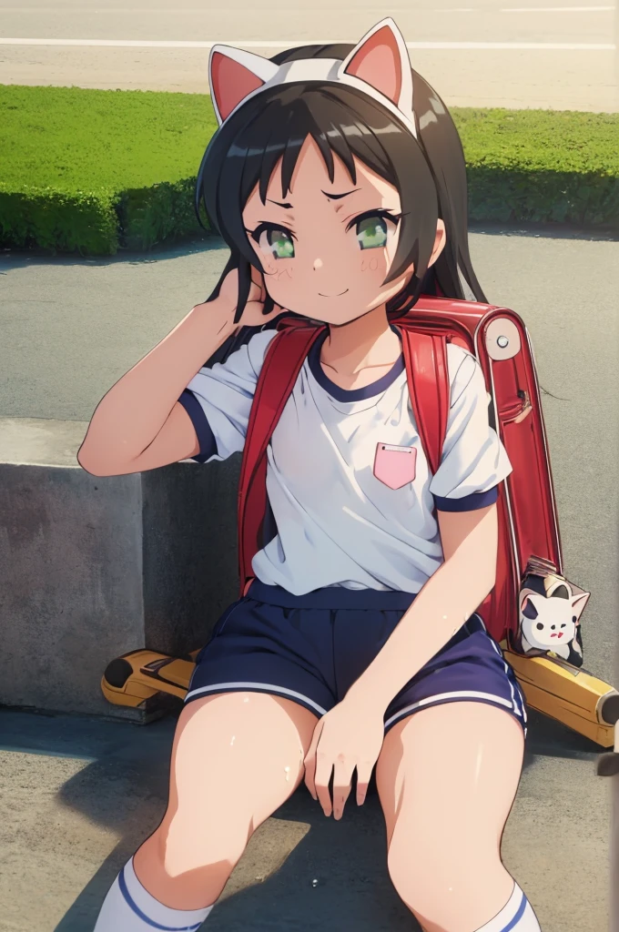 masterpiece, ultra quality, ultra sharp, ultra detailed, 1girl, solo, (((good anatomy))), haduki kurumi, (tattered torn dripping wet white gym shirt), navy gym pants, animal ears, randoseru, name tag, Japanese anime pose, laugh, BurumaShorts, Buruma, Gym Uniform, (((sitting:1.4, squatting:1.4, spread_legs:1.3, legspread, split_legs, spreading legs)), (randoseru backpack:1.4), (((smirk smile))), buruma, blue buruma, black buruma, (cameltoe), (tattered torn short sleeve white gym uniform with colored hem), (tiny nipples), (white long loose socks), strong lighting, legspread, bukkake, cum on clothes, cum on legs, cum on buruma, cum on bloomers,