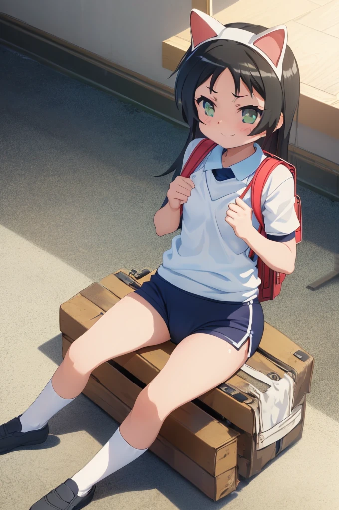 masterpiece, ultra quality, ultra sharp, ultra detailed, 1girl, solo, (((good anatomy))), haduki kurumi, (tattered torn dripping wet white gym shirt), navy gym pants, animal ears, randoseru, name tag, Japanese anime pose, laugh, BurumaShorts, Buruma, Gym Uniform, (((sitting:1.4, squatting:1.4, spread_legs:1.3, legspread, split_legs, spreading legs)), (randoseru backpack:1.4), (((smirk smile))), buruma, blue buruma, black buruma, (cameltoe), (tattered torn short sleeve white gym uniform with colored hem), (tiny nipples), (white long loose socks), strong lighting, legspread, bukkake, cum on clothes, cum on legs, cum on buruma, cum on bloomers,