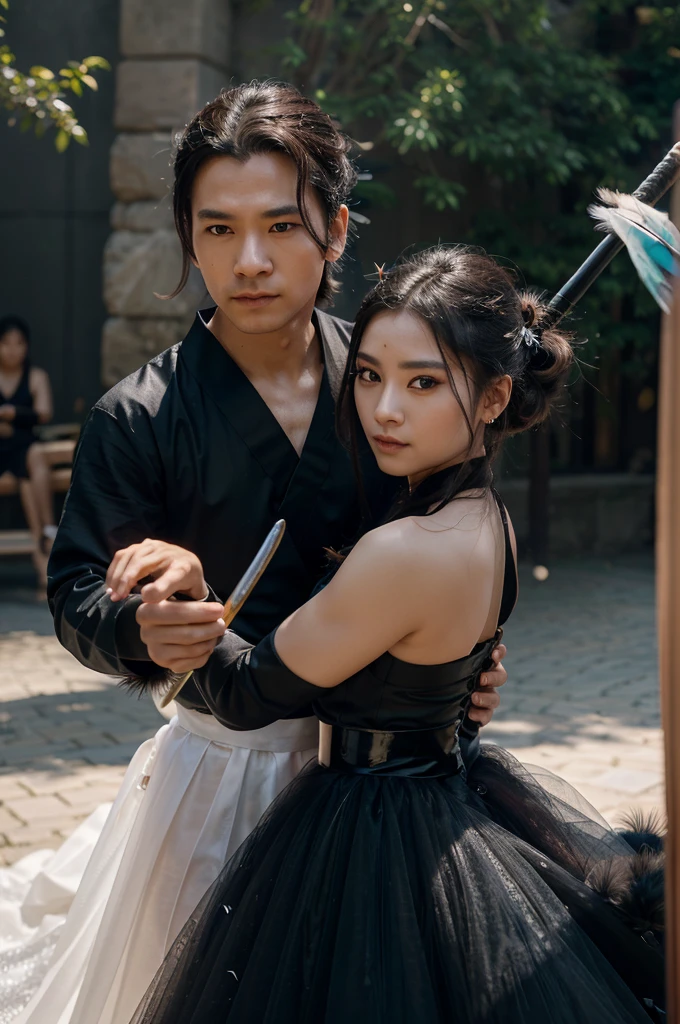 Man and woman in tulle hanfu., Woman holding sword against man, black fur, short ponytail, onyx eyeballs, texture detail, shiny skin, sun, Spinning Feather Sword, motion blur background, backlight, 8k, super detail, Masterpiece, Best Quality