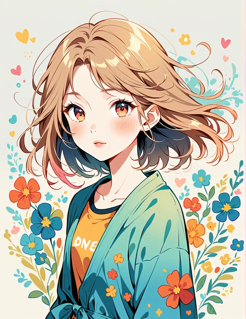 Kamijo collar style、The most beautiful girl of all time、Lips in Love、Colorful flowers、Simple line initials、Abstract art、Urban Background, walking