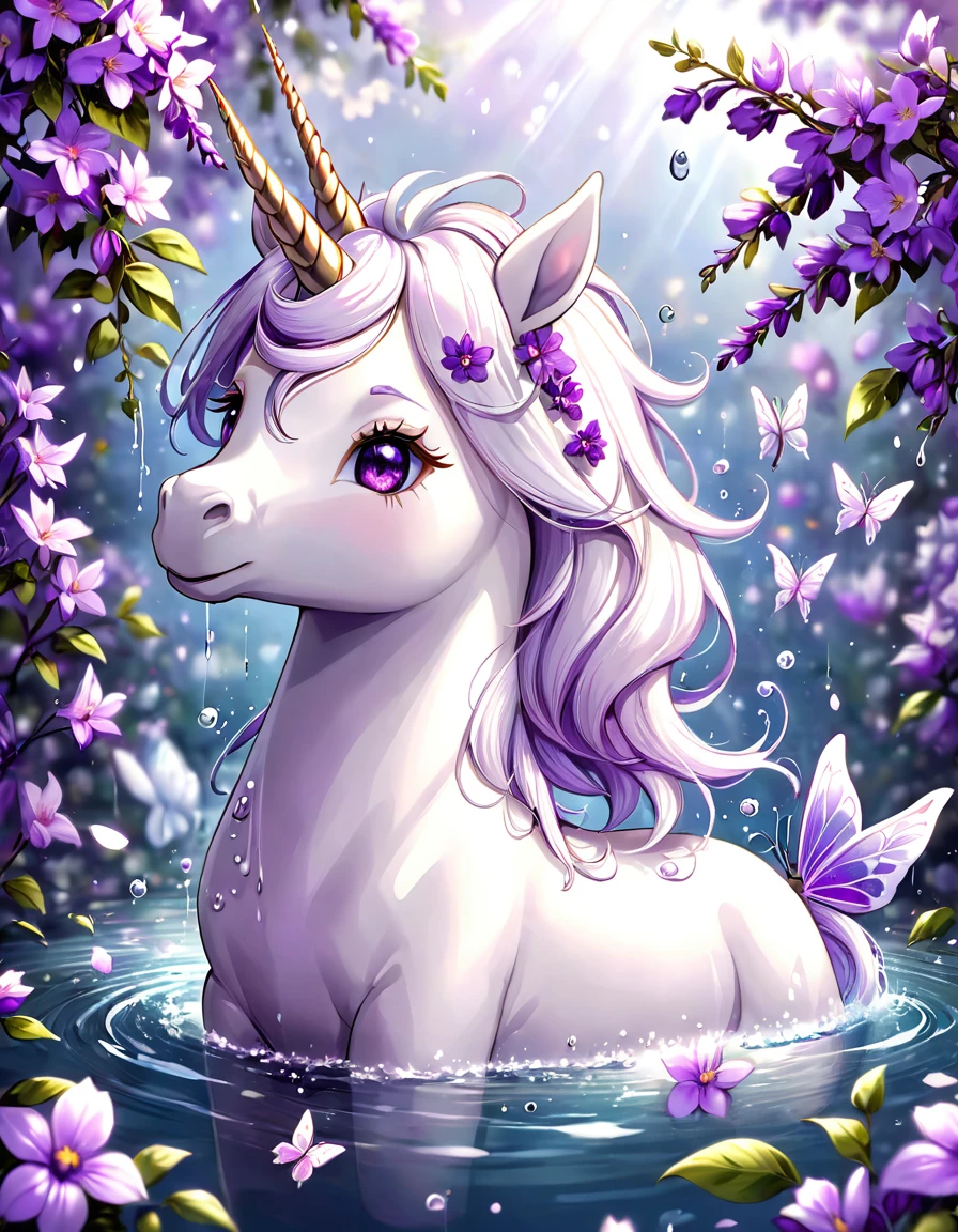absurdres, highres, ultra detailed, HDR, master piece, best quality, extremely detailed, white unicorn, solo, cute, small, fantasy, magical, magic, purple butterflies, purple petals, purple flowers, water, blossoms