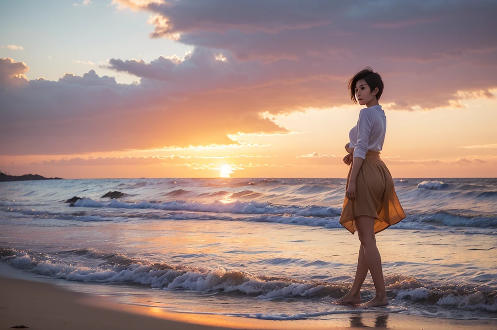 8k realistic, lifelike photo, Realistic appearance of nature, , Woman walking along the beach at sunset. Viewed from a distance with a wide-angle lens , Front view of Asian woman wearing light skirt, burning sunset light, 1 woman, Short hair blowing slightly in the wind, Looking at the camera, short medium hair