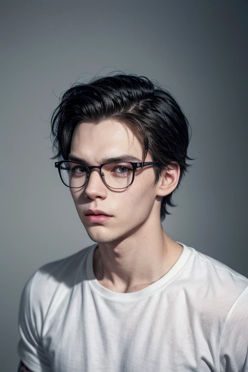 Create a 24 year old man with black hair, gray eyes, white tea, with glasses, marked jaw and upturned nose. Make it a little muscular, wear a black t-shirt, who has a tattoo of a small star on the side of his neck, that he is tall and that he has a slight resemblance to Bill Skarsgård.
