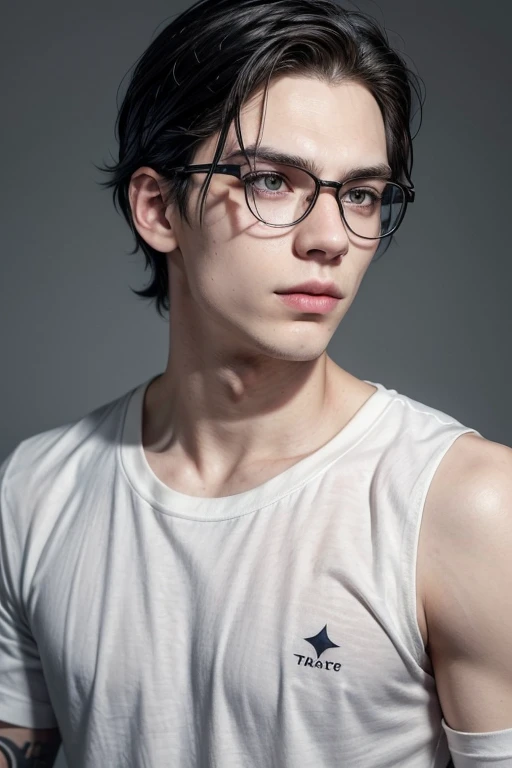 Create a 24 year old man with black hair, gray eyes, white tea, with glasses, marked jaw and upturned nose. Make it a little muscular, wear a black t-shirt, who has a tattoo of a small star on the side of his neck, that he is tall and that he has a slight resemblance to Bill Skarsgård.
