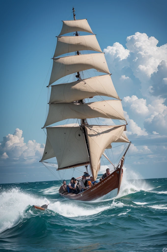 Two brothers in a boat in the middle of the sea with strong waves and the boat tilted because of the big waves and the boat is on top of a wave and the boat and the sail