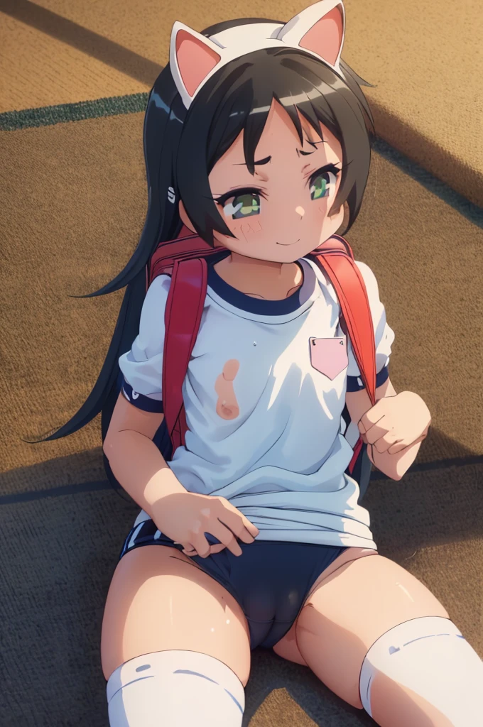 masterpiece, ultra quality, ultra sharp, ultra detailed, 1girl, solo, (good anatomy), haduki kurumi, (tattered torn dripping wet white gym shirt), navy gym pants, animal ears, randoseru, name tag, Japanese anime pose, laugh, BurumaShorts, Buruma, Gym Uniform, (((lying:1.4, spread_legs, legspread, split_legs, spreading legs)), (randoseru backpack:1.4), (smug smile), buruma, blue buruma, black buruma, (cameltoe), (tattered torn short sleeve white gym uniform with colored hem), (tiny nipples), (white long loose socks), strong lighting, legspread, bukkake, cum on clothes, cum on legs, cum on buruma, cum on bloomers,