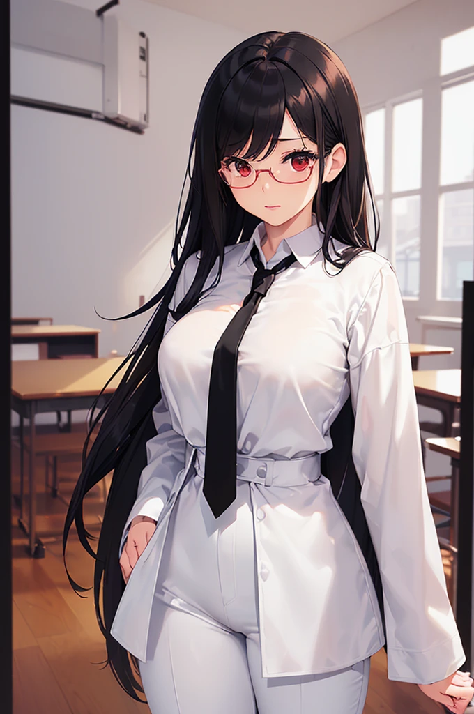 (masterpiece; best quality: 1.2), (finely detailed eyes: 1.3), ((25 year old woman)), ((solo)), (red eyes: 1.4), (body; gorgeous, luscious, femenine: 1.3), (silky black hair: 1.3), (beautiful and clear background: 1.2), ((depth of field)), (equipment: white unbuttoned labcoat + black shirt + white necktie + white pants + black square glasses: 1.3), (anime illustration: 1.2), (background composition; japanese highschool classroom + furniture: 1.1), (extremely fine and beautiful: 1.1), (shot composition; standing + centered on torso + close-up: 1.5), (expression; calm, stoic: 1.2)