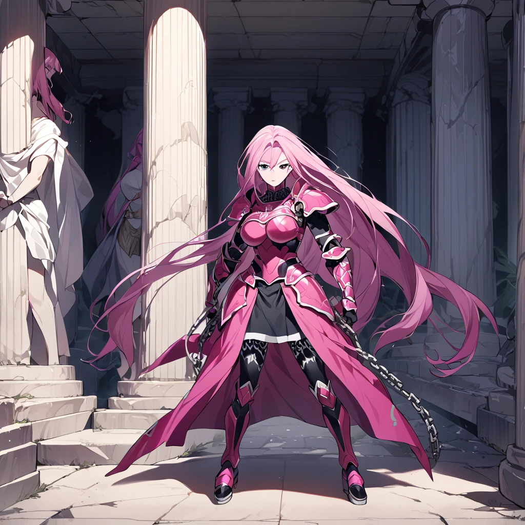 A woman wearing Andromeda Shun armor (Knight of the Zodiacs) (Saint Saiya), pink hair, long hair, pink eyes, serious face, steel chain in her hands, standing posture, hot pink armor, big breasts, on a platform concrete, ancient Greek scene, Greek pillars, black eye stripe, close view, no bangs, (solo woman)
