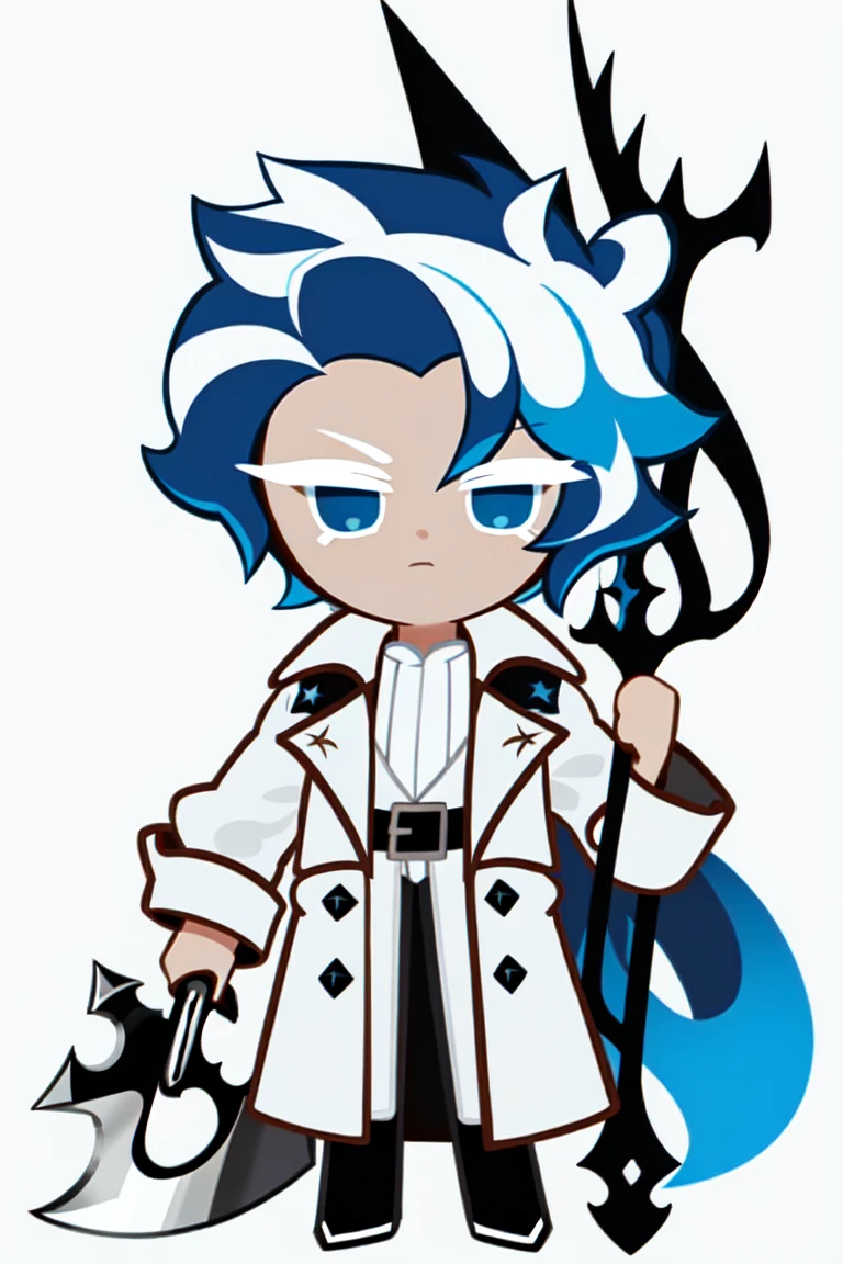 best quality, illustration, 1boy, ethereal, powerful, god-like, mature, short blue hair, blue eye, white streaks on hair, black trench coat, battleaxe, white background, simple background, cookierun, solo, chibi, full body,