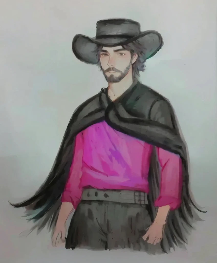 desenho de um nativo Gaucho, homem com red shirt, bomber pants, Gaucho, black poncho scarf, hat and beard,  red shirt, with your black hair, water colour, pastel art, colourful drawing, colored pencil drawing