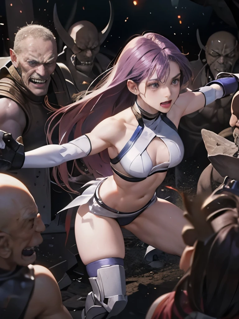 Highest quality、Captured by mutants、defeat、Beautiful woman with very long purple hair、White Armor（Small breasts、I can see her cleavage、Off the shoulder、Sleeveless、No elbow pads、belly button、High Leg、Exposed thighs）、White Armorのブーツ、Tears overflow、Crying face、run away、Attacked by mutants 1:5、Many violent mutants 1:5、The mutant grabs his arm　Mutant attacks from behind、Mutant grabs leg、Mutant Swarm 1:5、darkness、Different world、Dark fantasy、Pitch Black Hell