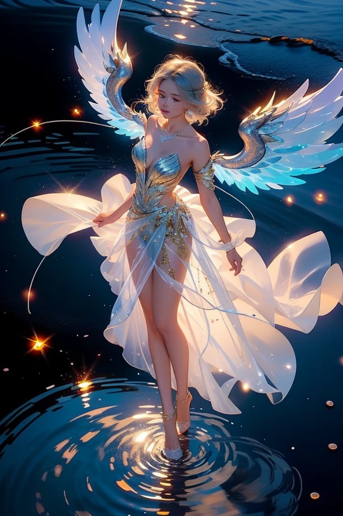 1girl,glowing,silk dress,see-through,elegant,lazy,wind,floating hair,white hair,night,spinning,dynamic pose,dynamic angle,necklace,jewel,glitter,full body,glowing wings,from above,ripples,standing on lequid,drop of water,