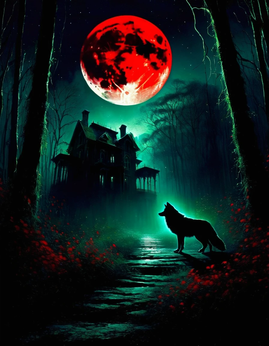 a decaying abandoned mansion in a lush overgrown forest, full moon glowing red in a dark night sky, shadowy wolf silhouettes prowling through the scene, twinkling stars, (best quality, 4k, 8k, highres, masterpiece:1.2), ultra-detailed,(realistic, photorealistic, photo-realistic:1.37), oil painting, intricate brushstrokes, dramatic lighting, dark moody atmosphere, chiaroscuro, Bill Sienkiewicz inspired art