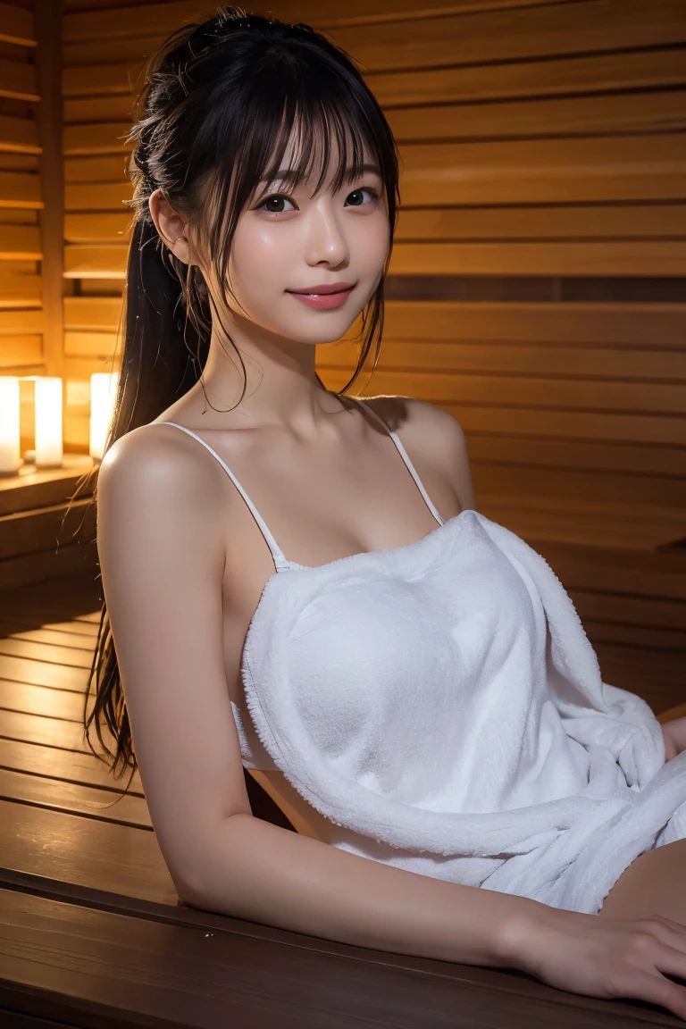 A young and beautiful Japanese woman relaxing in a luxurious sauna and spa. The scene is set in a serene and elegant environment, with warm lighting and a tranquil ambiance. The woman is wearing a comfortable spa robe, her hair is gently tied back, and she has a peaceful smile on her face. The sauna room features wooden benches and soft steam, while the spa area includes a bubbling hot tub and soothing water features. Candles and soft towels add to the relaxing atmosphere. The overall setting should convey relaxation, comfort, and rejuvenation. The image should be captured as if by a famous photographer, using a Canon EOS R5 camera to ensure high realism and detail.