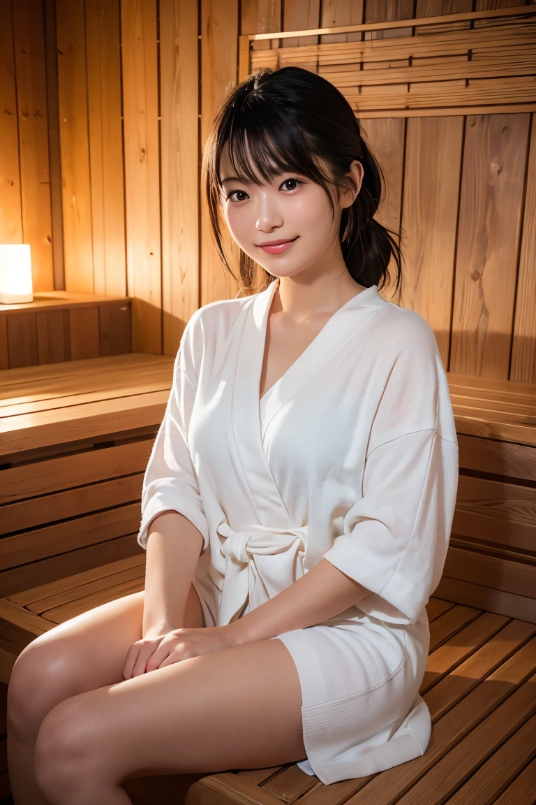 A young and beautiful Japanese woman relaxing in a luxurious sauna and spa. The scene is set in a serene and elegant environment, with warm lighting and a tranquil ambiance. The woman is wearing a comfortable spa robe, her hair is gently tied back, and she has a peaceful smile on her face. The sauna room features wooden benches and soft steam, while the spa area includes a bubbling hot tub and soothing water features. Candles and soft towels add to the relaxing atmosphere. The overall setting should convey relaxation, comfort, and rejuvenation. The image should be captured as if by a famous photographer, using a Canon EOS R5 camera to ensure high realism and detail.