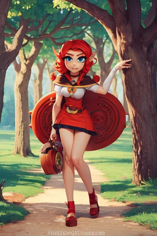 Surreal beautiful crazy elf, curly red hair, face detailed, grandes chifres, oculos futuristas no olho direito, full body, big eyes, pointy very long nose, HD, 8k