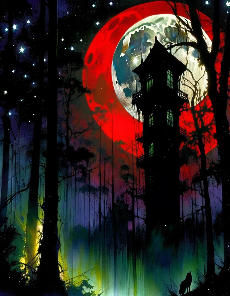 a decaying abandoned mansion in a lush overgrown forest, full moon glowing red in a dark night sky, shadowy wolf silhouettes prowling through the scene, twinkling stars, (best quality, 4k, 8k, highres, masterpiece:1.2), ultra-detailed,(realistic, photorealistic, photo-realistic:1.37), oil painting, intricate brushstrokes, dramatic lighting, dark moody atmosphere, chiaroscuro, Bill Sienkiewicz inspired art
