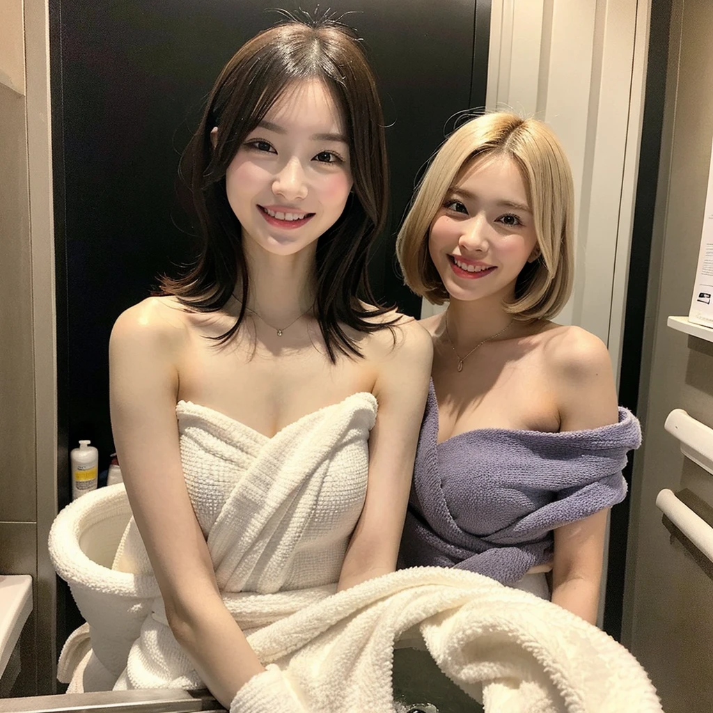(Best Masterpiece)), ((Best quality)), ((real)), ((8K)), 1 Girl, Bath Towel,Wrap around body, Japan person, 24 years old, super beautiful, kawaii, model, Full body, slender, model, ultra luxury hotel, sony slr photography, blond hair, Long hair, Short hair, look at camera,smiles, background realistic, bath, washbasin, europe, art, photograpy,