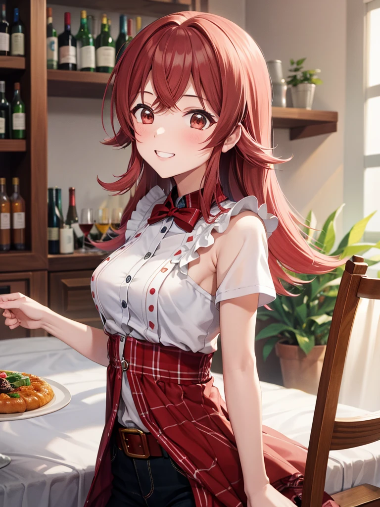 masterpiece, Highest quality, (1 beautiful girl :1.2), Red hair, 24-years-old, Medium chest, Standard weight,  cardigan, Grin:1.3, Red nose :1.1, Drunk, close your eyes, At the tavern、Inviting and provocative attitude、