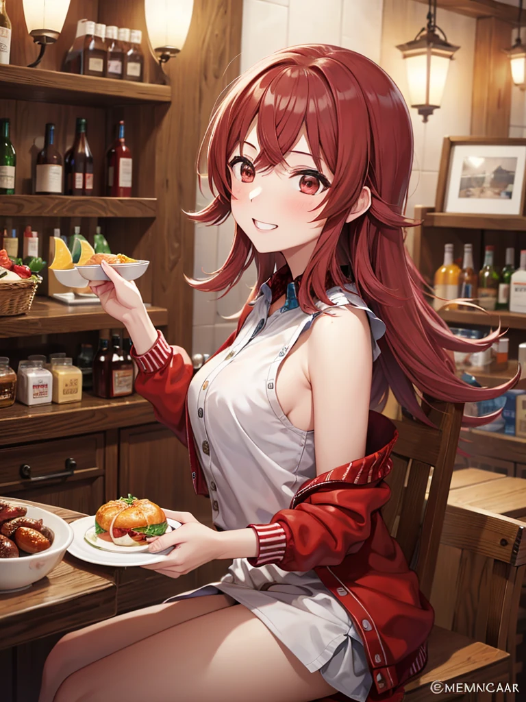 masterpiece, Highest quality, (1 beautiful girl :1.2), Red hair, 24-years-old, Medium chest, Standard weight,  cardigan, Grin:1.3, Red nose :1.1, Drunk, close your eyes, At the tavern、Inviting and provocative attitude、