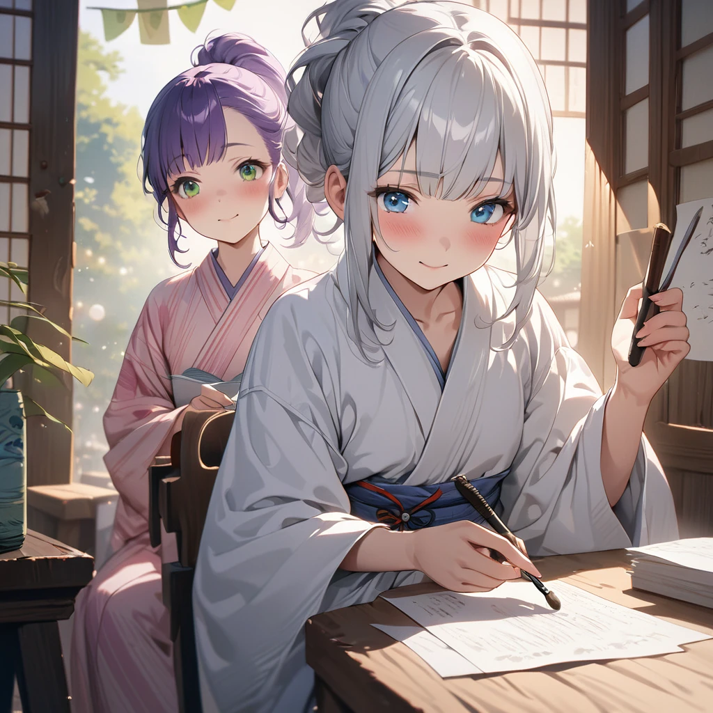 masterpiece, ultra detailed, 8K, a girl, kawaii, light atmosphere, (Cute a tsundere girl:1.5), anime visual, (tilt head:1.3), extremely delicate face, realistic lighting and shading, (an extremely delicate and beautiful art:1.3), 2 girls,blush,Japanese-style white colored yukata, cowboy shot, one girl with pale silver hair, ponytail hair, blue eyes, indigo-colored Oshima Tsumugi, smiling ,other girl with pale purple hair, green eyes,pink colored yukata, smilng, two girls are Writing words with brush on strip of papers for the Tanabata Festival. Sitting upright.