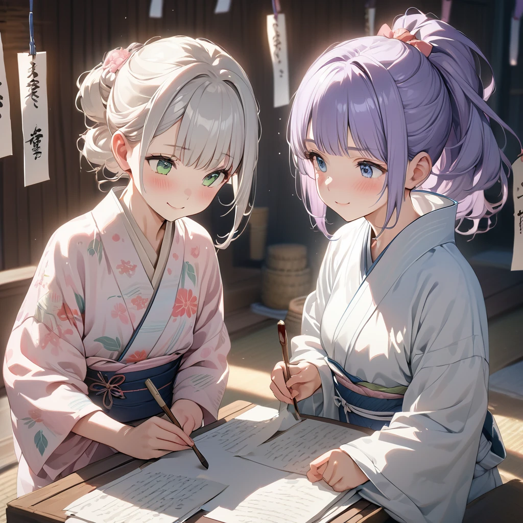 masterpiece, ultra detailed, 8K, a girl, kawaii, light atmosphere, (Cute a tsundere girl:1.5), anime visual, (tilt head:1.3), extremely delicate face, realistic lighting and shading, (an extremely delicate and beautiful art:1.3), 2 girls,blush,Japanese-style white colored yukata, cowboy shot, one girl with pale silver hair, ponytail hair, blue eyes, indigo-colored Oshima Tsumugi, smiling ,other girl with pale purple hair, green eyes,pink colored yukata, smilng, two girls are Writing words with brush on  strip of papers for the Tanabata Festival. Sitting upright.