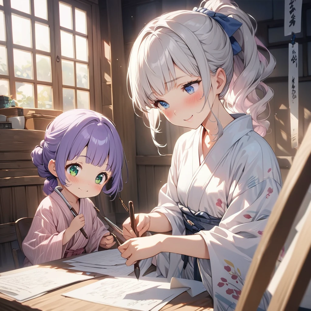 masterpiece, ultra detailed, 8K, a girl, kawaii, light atmosphere, (Cute a tsundere girl:1.5), anime visual, (tilt head:1.3), extremely delicate face, realistic lighting and shading, (an extremely delicate and beautiful art:1.3), 2 girls,blush,Japanese-style white colored yukata, cowboy shot, one girl with pale silver hair, ponytail hair, blue eyes, indigo-colored Oshima Tsumugi, smiling ,other girl with pale purple hair, green eyes,pink colored yukata, smilng, two girls are Writing words with brush on strip of papers for the Tanabata Festival. Sitting upright.