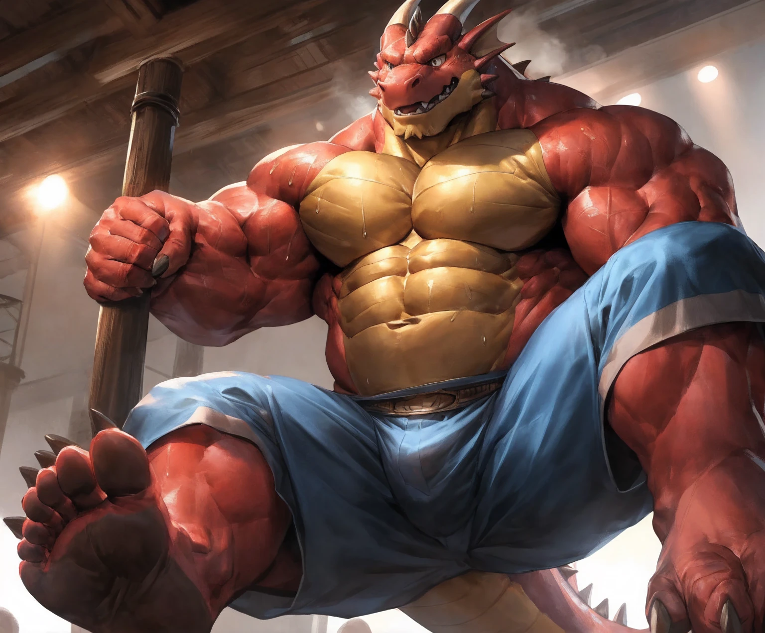human nature, cannon, male, solitary, ((the strong，Handsome)), (dragon), Chibo，Six-pack abs，(indoor)，The soles of the feet face the audience，Black socks，Blue shorts，Sweat:1.3，high quality, (4K,high quality, high resolution, masterpiece), cartoon,by lindong